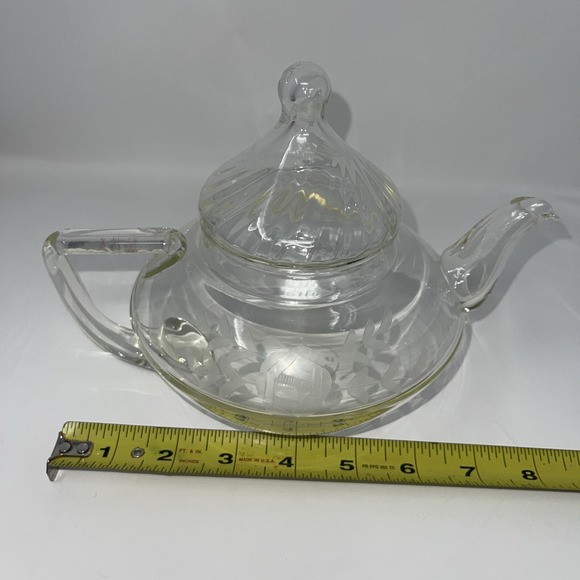 Vintage Clear Etched Glass Pyrex Tea Teapot Kettle Flower Leaves Etching - Picture 14 of 16